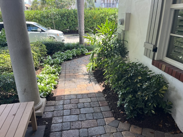 Paver walkway and tropical plantings at a Palm Beach County property